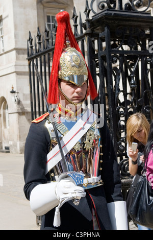 Londra , Westminster , Whitehall la sfilata delle Guardie a Cavallo , soldato di cavalleria domestico Blues & Royals a piedi a spada tratta Foto Stock