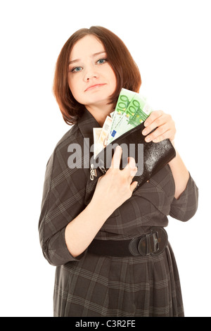 Donna con portafoglio e banconote sorridente isolato su bianco Foto Stock