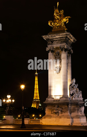 Illuminazione notturna sul ponte di Alessandro III e la Torre Eiffel a Parigi. La Francia. Foto Stock