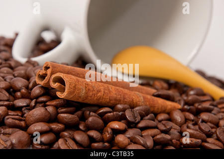 Chicchi di caffè e la stecca di cannella, chiudi immagine in alto Foto Stock