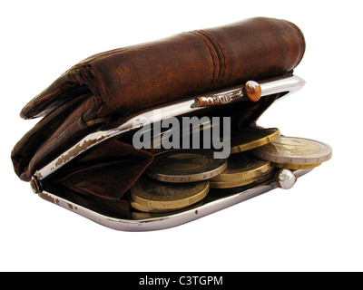 Vecchia borsa con delle monete in euro (euro) su bianco Foto Stock