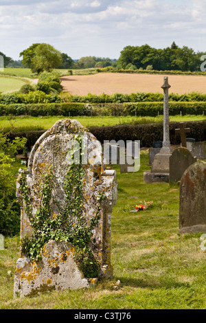 Vecchio, coperto di edera xix secolo lapide nel cimitero rurale impostazione, Norfolk, Inghilterra, Regno Unito. Foto Stock