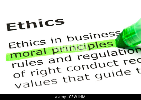 "Principi orale' evidenziato in verde, sotto la voce "etica" Foto Stock