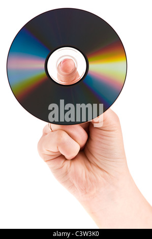 Il disco DVD nella femmina la mano isolati su sfondo bianco Foto Stock