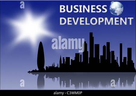 Città di business development su blu cielo soleggiato con testo. Foto Stock