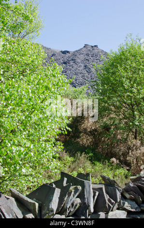 Edificio rovinato sullo skyline, Dinorwig cava di ardesia, Snowdonia, Galles del Nord, Regno Unito Foto Stock