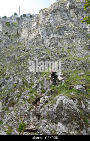Un scalatore sulla Drachenwand mountain Foto Stock