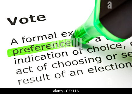 "Preferenze" evidenziato in verde, sotto la voce "voto" Foto Stock