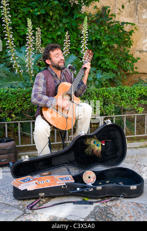 Un suonatore ambulante di cantare e suonare la chitarra spagnola al di fuori del castello in Siviglia. Foto Stock