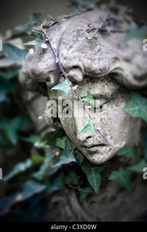 Coperto di edera angelo di pietra nel cimitero Foto Stock