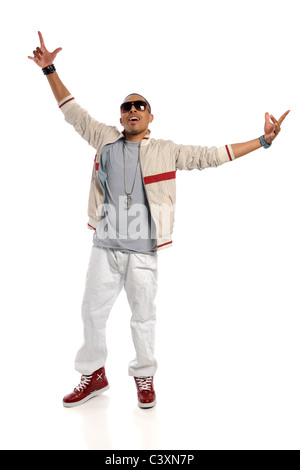 African American hip hop dancer eseguendo isolate su sfondo bianco Foto Stock