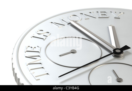 Il tempo è denaro. Vista prospettica di una moneta con un orologio Foto Stock