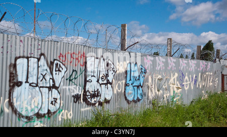 I graffiti sulla recinzione metallica con filo spinato Foto Stock