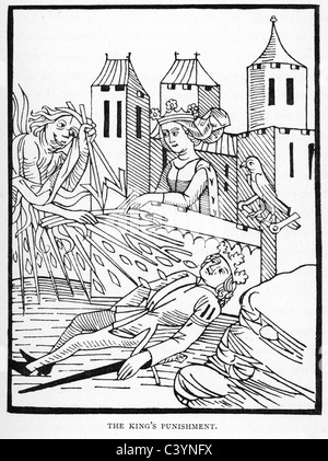 Xilografia medievale dalla storia di Melusine. Il re la punizione Foto Stock