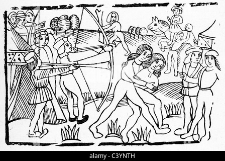 Xilografia medievale dalla storia del cavaliere del cigno. I figli di Helias a sport Foto Stock