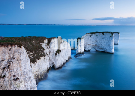 Vecchio Harry rocce al punto Handfast sono l'inizio della Jurassic Coast Sito Patrimonio Mondiale, Dorset, Inghilterra. Foto Stock