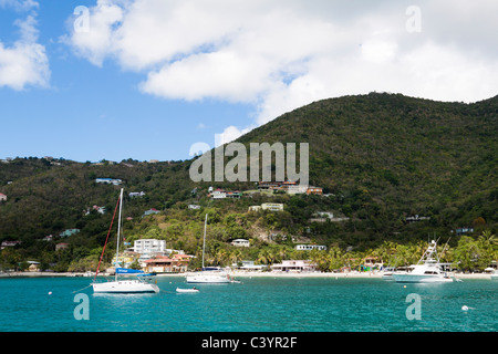 Barche ormeggiate nel giardino di canna Bay con belle case sulla collina sopra la spiaggia a Tortola nelle isole Vergini britanniche Foto Stock