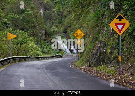 Avvolgimento stretto autostrada 360 passa molte cascate sulla strada di Maui, Hawaii Foto Stock