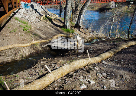 Cocco cocco è stato posto in corrispondenza del bordo di un flusso a revegetate il flusso banca e impedire un ulteriore erosione. Foto Stock