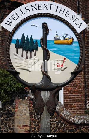 Il segno del villaggio per pozzi accanto al mare, Norfolk. Foto Stock