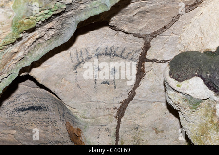 Precolombiana pitture rupestri dentro la linea di grotte di calcare, Parco Nazionale Los Haitises, Repubblica Dominicana Foto Stock