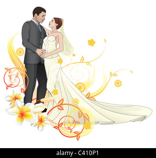 Sposa e lo sposo cercando in ogni altri occhi dancing astratto sfondo floreale Foto Stock