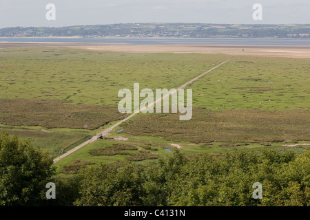 Llanrhidian Marsh causeway vista dal castello di Weobley, Gower, West Glamorgan, Galles Foto Stock