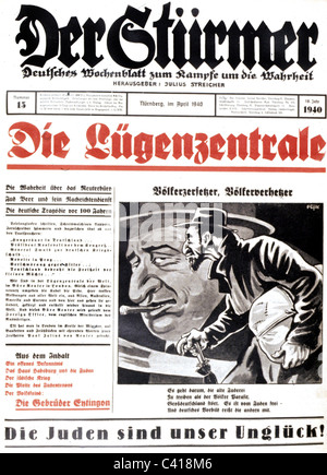 Nazional socialismo / nazismo, propaganda antisemitica, stampa, 'Der Stuermer', No. 13, Aprile 1940, prima pagina, titolo 'Die Luegenzentrale' (il centro di controllo della Lie), caricatura: 'Corrupter of Peoples, Rabble-Rouser', Additional-Rights-Clearences-Not Available Foto Stock