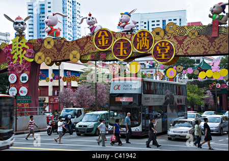 Colorate decorazioni in strada per festeggiare il Capodanno cinese nella Chinatown di Singapore Repubblica di Singapore Asia Foto Stock