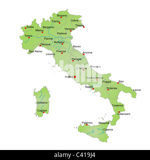 Mappa stilizzata dell Italia che mostra vari fiumi, città e tutte le province. Tutto su sfondo bianco. Didascalia italiano Foto Stock