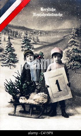 Festa, Capodanno, biglietto d'auguri, due bambini con paesaggio invernale, Germania, circa 1910, diritti aggiuntivi-clearences-non disponibile Foto Stock