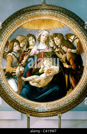 Belle arti, Botticelli, Sandro (1445 - 1510), la pittura, la "Madonna della melagrana' (Madonna con Bambino e sei angeli), 1487, d Foto Stock