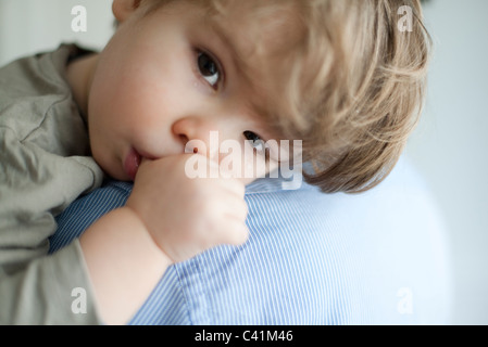 Il Toddler boy in appoggio sulla testa del genitore, spalla lacrime sul viso Foto Stock