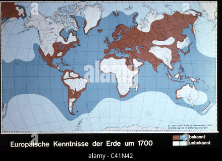 Cartografia, mappa storica, tempi moderni, parti del mondo conosciute (marrone e blu) e sconosciute (bianco) per gli europei, circa 1700, diritti aggiuntivi-clearences-non disponibili Foto Stock