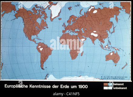 Cartografia, mappa storica, tempi moderni, parti del mondo conosciute (marrone e blu) e sconosciute (bianco) per gli europei, circa 1900, diritti aggiuntivi-clearences-non disponibili Foto Stock