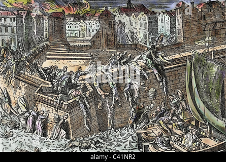 Eventi, Guerra degli ottant'anni, 1568 - 1648, soldati spagnoli saccheggiano Anversa, 4.11.1576, cittadini che cercano di scagliare le mura della città, illustrazione dopo un'incisione contemporanea in rame, successivamente colorata, Guerra d'Indipendenza olandese, Paesi Bassi, Belgio, Brabante, Spagna, Don Juan d'Austria, truppe, soldati, saccheggi, saccheggi, maraud, maraudie, saccheggi, saccheggi, spagnoli, atrocità in guerra, Atrocità, 16 ° secolo, storico, storico, persone, diritti aggiuntivi-clearences-non disponibile Foto Stock