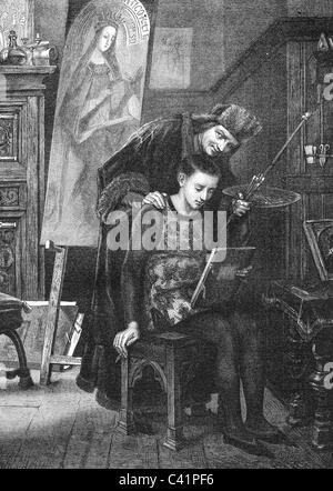 Eyck, Jan van, circa 1390 - 9.7.1441, artista olandese (pittore), a mezza lunghezza, con il suo presunto fratello, il pittore Hubert van Eyck, incisione in legno dopo un dipinto di Eduard von Gebhardt, fine 19th secolo, Foto Stock
