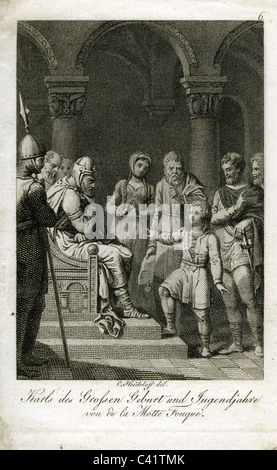 Motte Fouquet, Friedrich de la, 12.2.1777 - 23.1.1843, autore tedesco / scrittore, opere, "Karls des Großen Geburt und Jugendjahre' ('Carlo Magno la nascita e gioventù", 1814), scena, acciaio incisione, Germania, inizio del XIX secolo , artista del diritto d'autore non deve essere cancellata Foto Stock