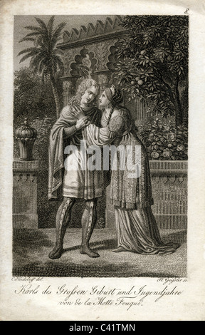 Motte Fouquet, Friedrich de la, 12.2.1777 - 23.1.1843, autore tedesco / scrittore, opere, "Karls des Großen Geburt und Jugendjahre' ('Carlo Magno la nascita e gioventù", 1814), scena, acciaio incisione, Germania, inizio del XIX secolo , artista del diritto d'autore non deve essere cancellata Foto Stock