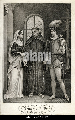 Shakespeare, William, 23.4.1564 - 23.4.1616, poeta inglese, opere, "Romeo e Giulietta" (1595), 2a atto, sesta scena, Frate Lorenzo ammonendo Romeo e Giulietta, acciaio incisione, Germania, inizio del XIX secolo , artista del diritto d'autore non deve essere cancellata Foto Stock