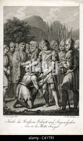 Motte Fouquet, Friedrich de la, 12.2.1777 - 23.1.1843, autore tedesco / scrittore, opere, "Karls des Großen Geburt und Jugendjahre' ('Carlo Magno la nascita e gioventù", 1814), scena, acciaio incisione, Germania, inizio del XIX secolo , artista del diritto d'autore non deve essere cancellata Foto Stock