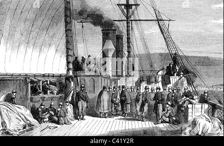 Eventi, Crimea War 1853 - 1856, trasporto di truppe francesi sulla nave 'Eufrate' alla Crimea, incisione del legno, 'The Illustrated London News', 1855, Additional-Rights-clearences-not available Foto Stock