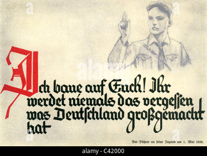 Nazismo / nazionalsocialismo, propaganda, 'io dipendo da voi! Non dimenticherete mai che cosa ha reso grande la Germania.', citazione di Hitler dal 1.5.1939, adressed al giovane tedesco, cartolina, 1939/1940, diritti aggiuntivi-clearences-non disponibile Foto Stock