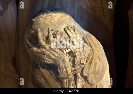 Il Perù, Leymebamba, Leimebamba, Museo. Mummia trovato alla Laguna de los Condores. (Scorporato dal loro originale bundle). Foto Stock