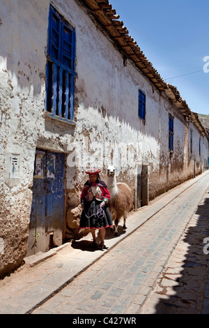 Il Perù, Cusco Cuzco, vecchia donna indiana con llama a San Blas distretto. UNESCO - Sito Patrimonio dell'umanità. Foto Stock