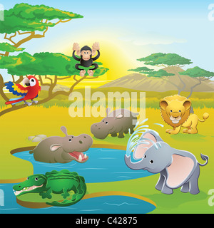 Carino African Safari animale i personaggi dei cartoni animati scena. Serie di tre illustrazioni formando paesaggio panoramico. Foto Stock