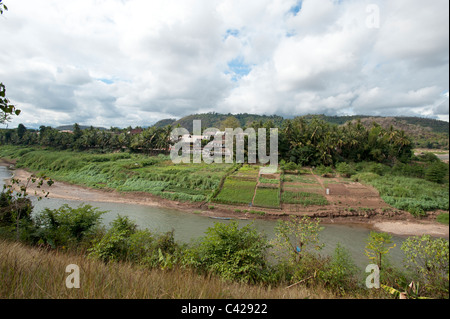 Una vista di terrazze di riso e Luang Prabang la vecchia capitale reale del Laos dalla riva del fiume Foto Stock