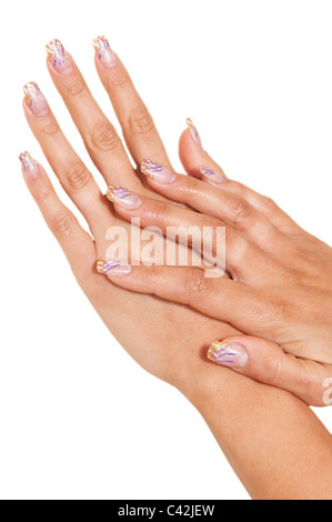 Womens mano con unghie verniciate Foto Stock