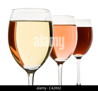 Tre Bicchieri con bianco, rosa e vino rosso Foto Stock