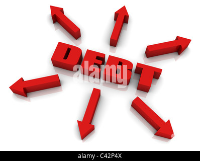 'Debt' testo 3D con le frecce rivolte verso l'esterno. Parte di una serie. Foto Stock